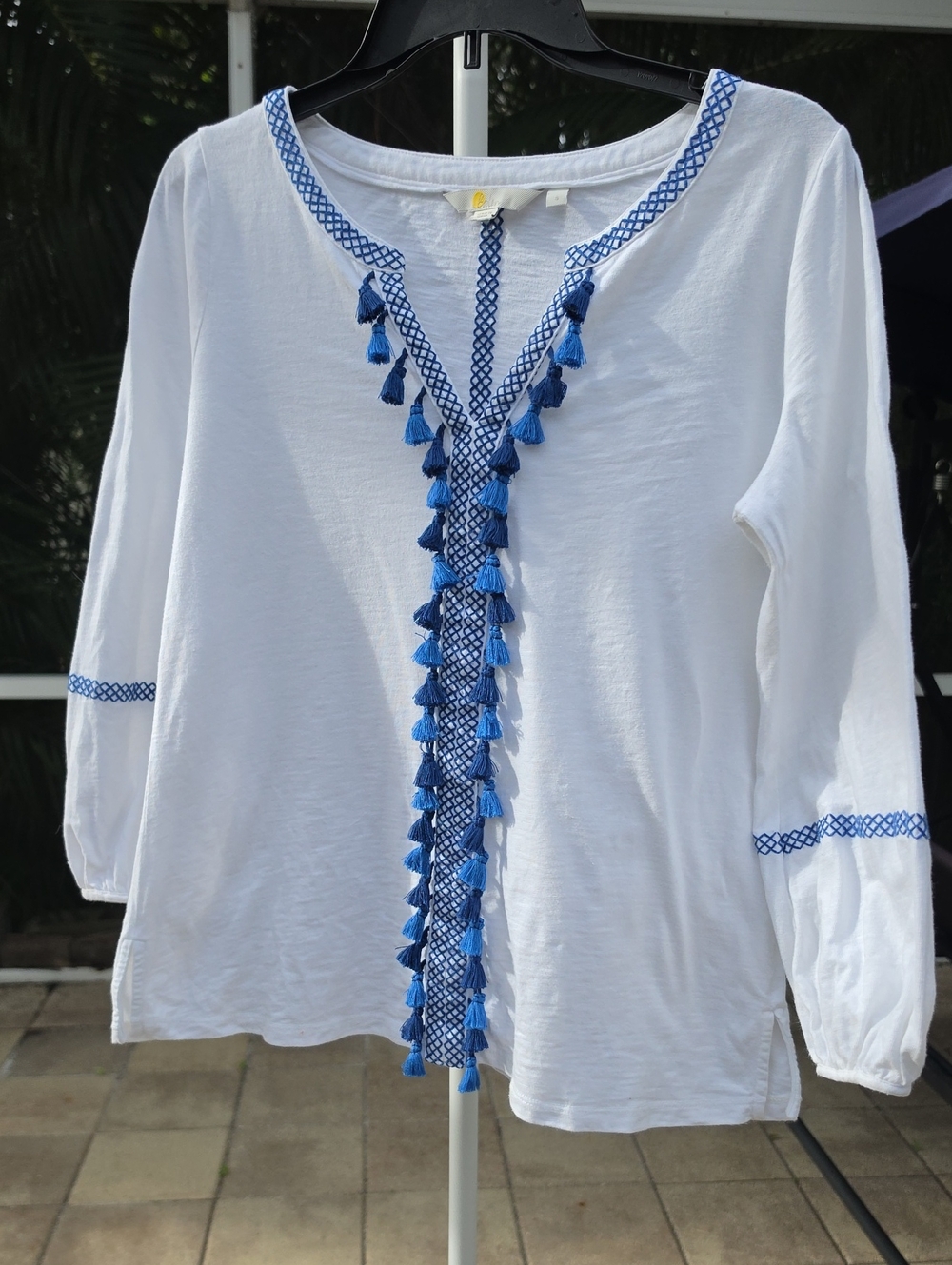 BODEN Alison White Top with Blue Embroidered Trim and Tassels